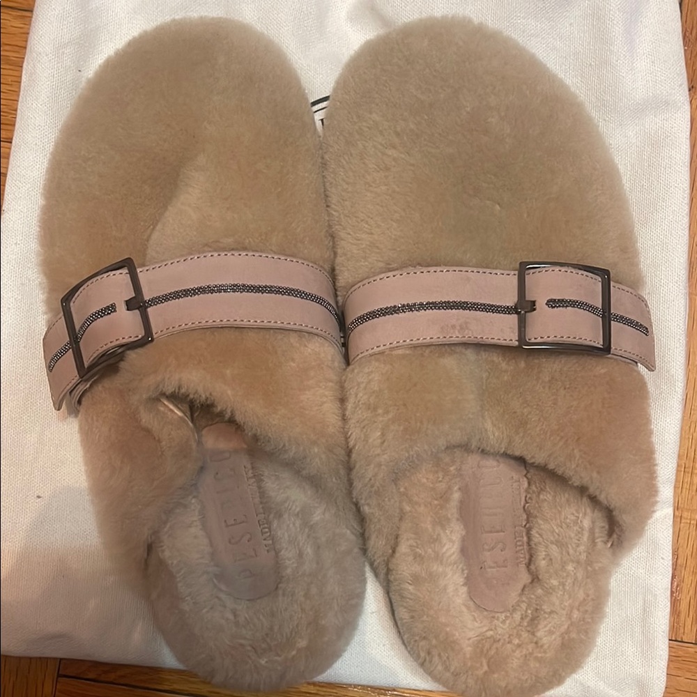 Peserico Fuzzy Slippers with Buckle